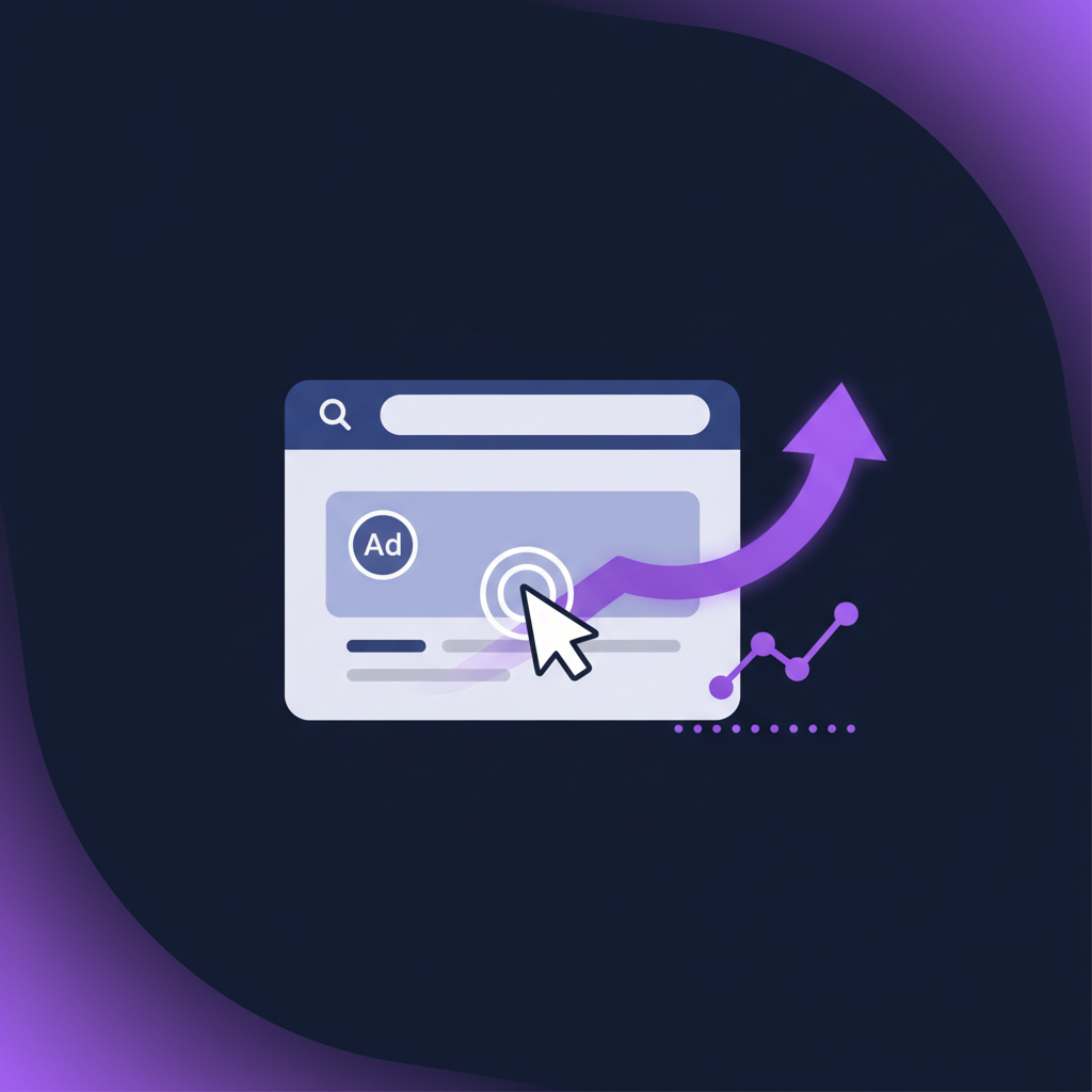 Browser window with a sponsored search result and rising performance arrow